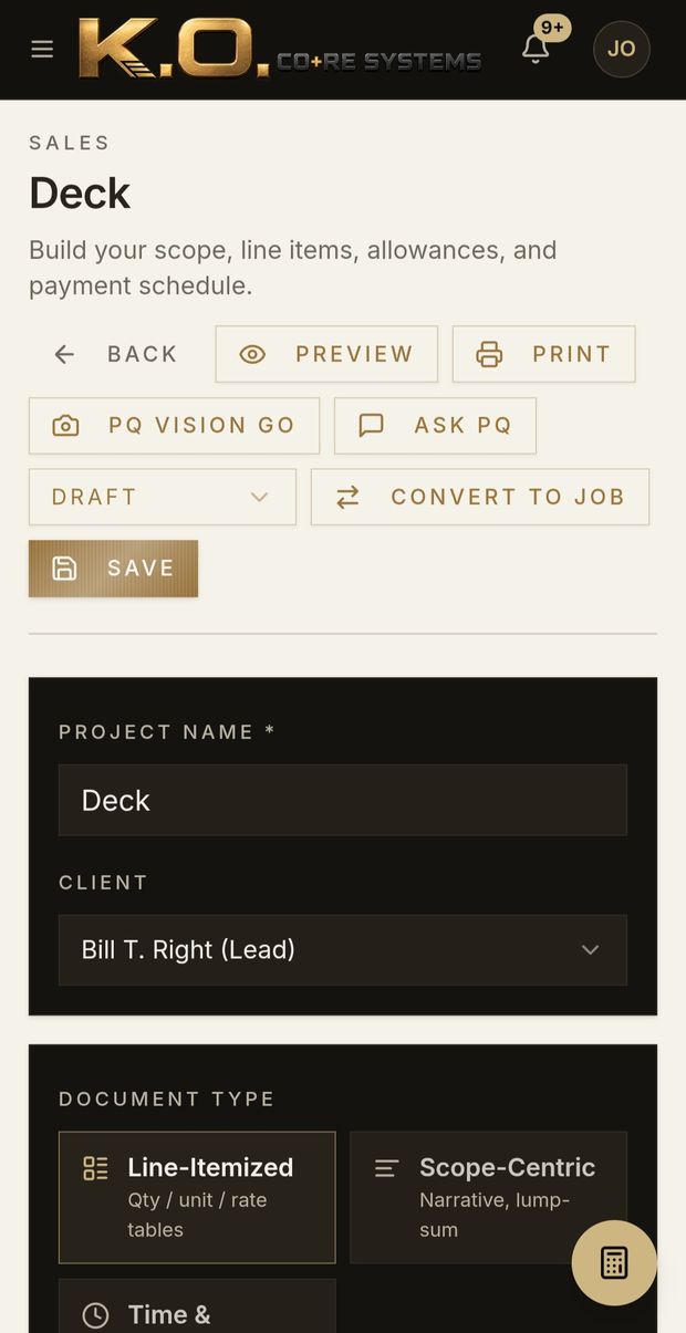 Estimate builder with PQ Vision Go and Ask PQ buttons